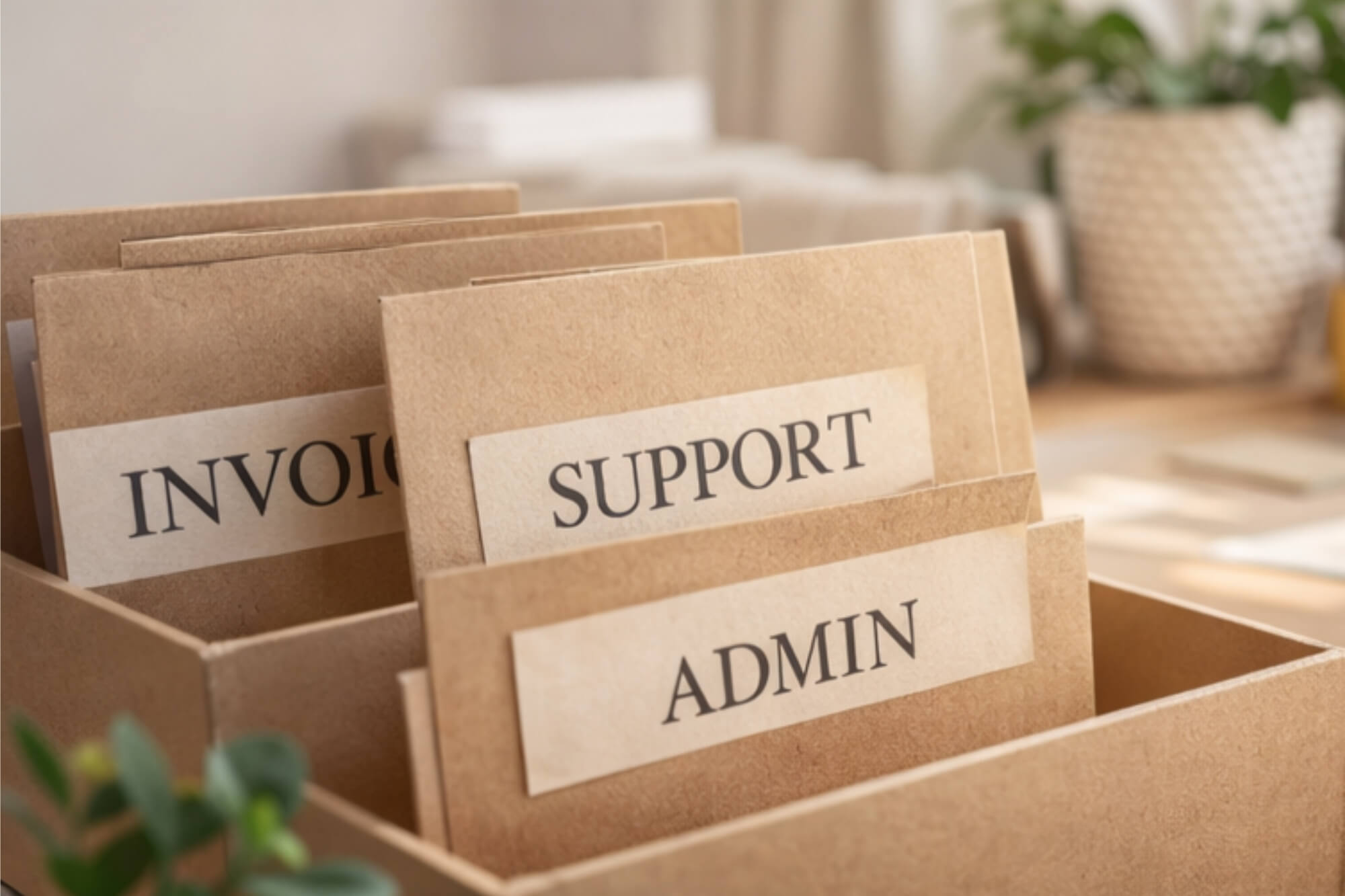 Manilla folders showing the remote business support services offered by CallowSmith including invoicing, support and admin.